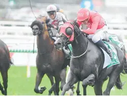  ?? ?? Mazu and jockey Sam Clipperton slogged through the rain and mud to win last Saturday’s Doomben 10,000 in Brisbane.