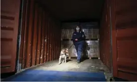  ?? Photograph: Olivier Hoslet/EPA ?? A customs employee during a drug search demonstrat­ion; 27 tonnes of cocaine were seized by Operation Sky.