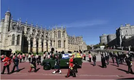  ??  ?? Prince Charles and other royal family members walk behind The Duke of Edinburgh’s coffin during the funeral procession. Photograph: WPA/Getty