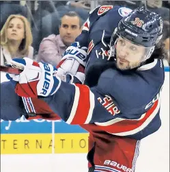  ?? Getty Images ?? GIVE IT A REST: Mats Zuccarello takes a shot Friday night at the Garden. Should the Rangers want to advance in the playoffs, they might want to rest Zuccarello and Ryan McDonagh.