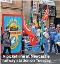  ?? ?? A picket line at Newcastle railway station on Tuesday