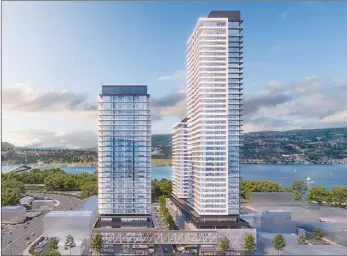  ?? Artist’s rendering ?? Three highrise towers, one of which would be Kelowna’s tallest building at 42 storeys, have been approved by city council for the 200 block of Leon Avenue. Proponent Anthony Beyrouti intends to start pre-sales for the 650 homes this spring and begin constructi­on later this year.