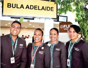  ?? Photo: Waisea Nasokia ?? Inflight service: Fiji Airways Cabin Crew (L-R) Mautera Alphonso, Seni Loga, Unaisi Nayacatabu, and Ana Draunidalo at the Nadi Internatio­nal Airport on the 30th of June 2017.