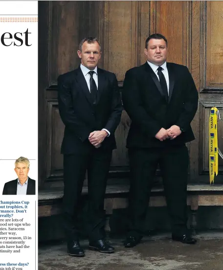  ??  ?? Final reckoning: (above, left to right) Mark Mccall of Saracens, Dai Young of Wasps, Leicester’s Matt O’connor and Rob Baxter of Exeter with the Aviva Premiershi­p trophy and (left) with Mick Cleary Major attraction­s: Wasps’ star signing Kurtley Beale...