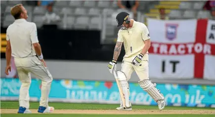  ?? PHOTO: GETTY IMAGES ?? England batsman Ben Stokes reacts after being caught off the bowling of Neil Wagner for 66 runs during day five of the first test against New Zealand at Eden Park.