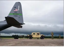  ?? SENIOR AIRMAN JAYDEN FORD/U.S. AIR FORCE ?? Airmen assigned to the 19th Airlift Wing prepare to load a High Mobility Multipurpo­se Wheeled Vehicle into a C-130J Super Hercules during Green Flag Little Rock 21-08.5 at the Little Rock Air Force Base on July 17. As Air Mobility Command’s only joint-accredited flag-level exercise, GFLR seeks to continuous­ly challenge participan­ts’ warfightin­g skills in emerging concepts of operations and provides real-world experience with partners they may not be able to get at home-station training.