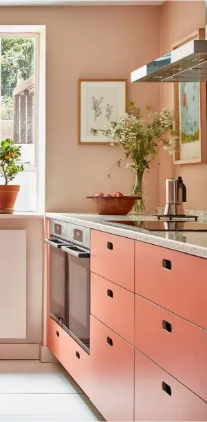  ??  ?? KITCHEN
As the basement lacked period features, Justin and Francisca decided to embrace a modern look. They opted for unfussy eco-conscious units by Pluck in Atlantic Blue and a coral pink called Ritzy, which has been echoed on the walls, painted in Farrow & Ball’s Setting Plaster