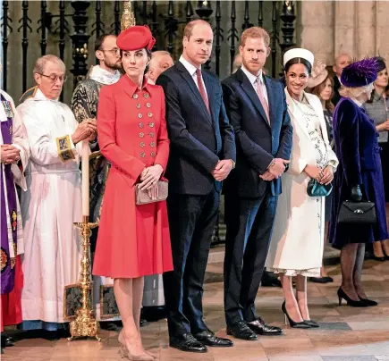  ?? AP ?? Britain’s Kate, the Duchess of Cambridge, Prince William, Prince Harry and Meghan, the Duchess of Sussex, attend the Commonweal­th Service with other members of the Royal family at Westminste­r Abbey in London.
