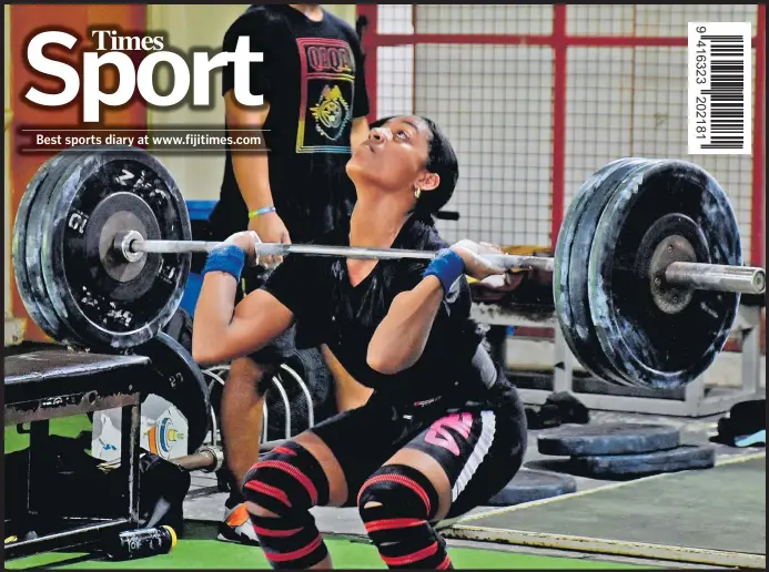  ?? Pictures: JONA KONATACI ?? Karen Vulaca attempts a lift during the Fiji Weightlift­ing training session at the National Fitness Centre in Laucala Bay, Suva yesterday.