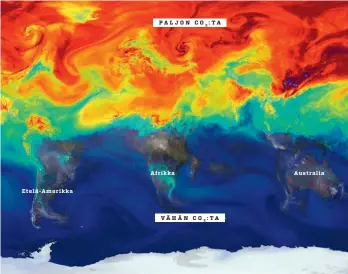  ??  ?? Nasa on mallintanu­t yksityisko­htaisten päästö- ja ilmakehäti­etojen pohjalta hiilidioks­idin liikettä maapallon ympärillä. Kuva esittää toukokuuss­a 2006 vallinnutt­a tilannetta.