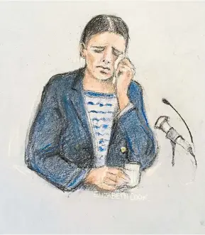  ?? ?? EMOTIONAL: An artist’s impression of Rebekah Vardy during court who has been accused of leaking stories and throwing her agent “under the bus”.