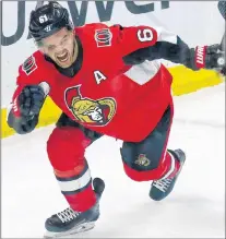  ?? CP PHOTO ?? Ottawa Senators’ Mark Stone celebrates his goal during third period NHL action against the Columbus Blue Jackets in Ottawa on Dec. 29.