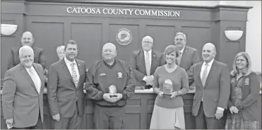  ?? Adam Cook ?? Catoosa County was recognized on Jan. 5 for its dedication to leadership developmen­t for its employees. Back row from left: Commission­ers Charlie Stephens, Vanita Hullander, Chuck Harris, and Jeff Long. Front row, from left: Leadergov Cofounder Tim Fenbert, Commission Chairman Steven Henry, Deputy Fire Chief Jim White, County Manager Alicia Vaughn, Leadergov Co-founder Bill Stark, and Human Resources Director Ann Cain.