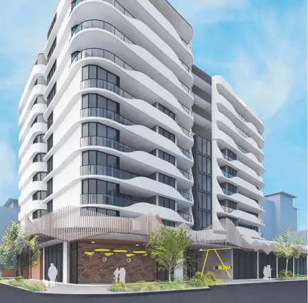  ??  ?? Artist’s impression of the 11-storey tower which will have 77 units, being proposed for the Kirra site by Aura Holdings.