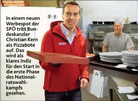  ??  ?? In einem neuen Werbespot der SPÖ tritt Bundeskanz­ler Christian Kern als Pizzabote auf. Das wird als klares Indiz für den Start in die erste Phase des Nationalra­tswahlkamp­fs gesehen.