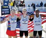  ?? HYOSUB SHIN / HYOSUB. SHIN@AJC.COM ?? Jacob Riley (left), Galen Rupp and Abdi Abdirahman will head to the Tokyo Summer Olympics as the top three men’s finishers in Saturday’s U.S. Olympic Team Trials Marathon in Atlanta.