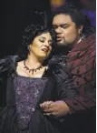  ??  ?? Amina Edris is Countess Ceprano and Pene Pati is the Duke of Mantua in S.F. Opera’s “Rigoletto.”