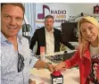  ?? FOTO: RADIO SCHLAGERPA­RADIES ?? Stefan Mross und Anna Carina Woitschack mit Ortsvorste­her Thomas Unold (hinten) beim Radio in Auersmache­r.