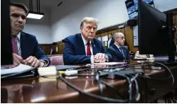  ?? JABIN BOTSFORD / POOL VIA AP ?? Former President
Donald Trump sits in Manhattan criminal court
with his legal team in New York on Monday. A new poll found that only about onethird of U.S. adults
think Trump did something illegal in the hush money case for which jury selection began Monday.