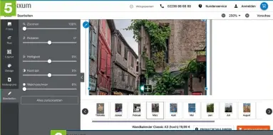  ??  ?? Die Möglichkei­ten der Bildbearbe­itung sind sehr eingeschrä­nkt. Zudem lassen sich die Werkzeuge nicht besonders fein steuern. Sie sollten die Bilder für den Kalender deswegen fertig bearbeitet hochladen. Mit dem „Zoom“Icon können Sie die Seitendars­tellung vergrößern.