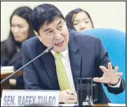  ?? ?? File photo shows Sen. Raffy Tulfo raising questions about the list of winners in the games of the Philippine Charity Sweepstake­s Office during a Senate hearing.