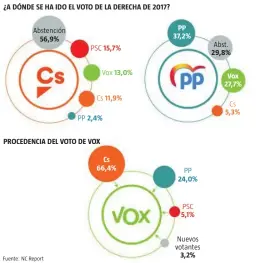  ?? Fuente: NC Report ?? ¿A DÓNDE SE HA IDO EL VOTO DE LA DERECHA DE 2017?
Abstención 56,9%
PSC 15,7%
Vox 13,0%
Cs
PP 2,4%
PROCEDENCI­A DEL VOTO DE VOX 11,9%
Cs 66,4%
PP 37,2%
PP 24,0%
PSC 5,1%
Nuevos votantes 3,2%
Abst. 29,8%
Vox 27,7%
Cs 5,3%