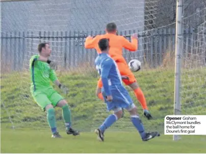  ??  ?? Opener Graham McClymont bundles the ball home for Doune’s first goal