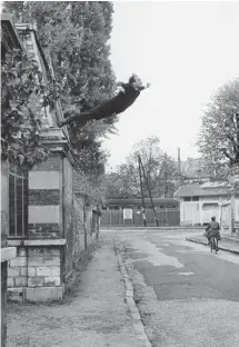  ?? 2012 ARTISTS RIGHTS SOCIETY ?? For his famous 1960 photograph Leap Into The Void, French artist Yves Klein actually jumped into a tarpaulin held by friends. The photo was then altered to remove the tarp and add the street scene and bicyclist.