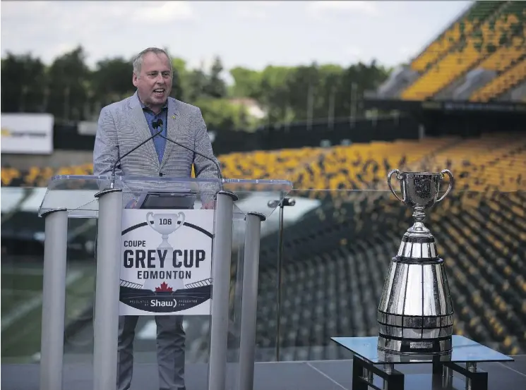  ?? GREG SOUTHAM ?? Eskimos President and CEO Len Rhodes addresses the media during Monday’s formal announceme­nt that Edmonton will be hosting the 2018 Grey Cup.