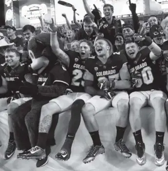  ??  ?? CU, pictured celebratin­g after beating CSU in September, would have reason to celebrate again with a win Saturday over Stanford: The Buffaloes would qualify for a bowl game. Andy Cross, The Denver Post