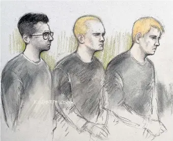  ?? Elizabeth Cook ?? > Court artist sketch of, from left, Alexander Deakin, 22, Mikko Vehvilaine­n, 32, and Mark Barrett, 24