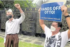  ?? —CONTRIBUTE­D PHOTOS ?? VISA REVOKED The Bureau of Immigratio­n says foreigners like Otto Rudolf de Vries have no business joining political activities in the country. But for the Dutch lay missionary, defending labor rights transcends politics owing to the “universali­ty of those rights.” De Vries, 62, strikes a defiant pose with Filipino supporters at a recent gathering at Bantayog ng Mga Bayani in Quezon City. Right photo taken years earlier shows him in one of the activities he joined as part of his advocacy in the Philippine­s over the last 30 years.