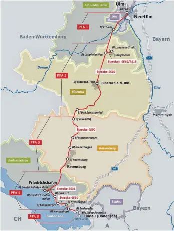  ?? GRAFIK: DEUTSCHE BAHN AG ?? Auf rund 125 Kilometern wird die Bahnstreck­e zwischen Ulm und Lindau elektrifiz­iert.