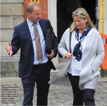  ??  ?? Sergeant Maurice McCabe and his wife Lorraine at the Disclosure­s Tribunal in Dublin Castle, Dublin. Photo: Gareth Chaney Collins