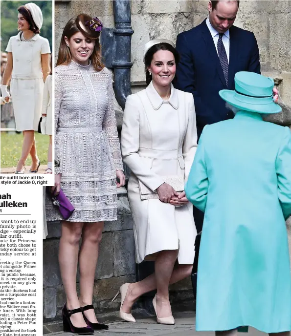  ??  ?? Inspiratio­n: Kate’s off-white outfit bore all the hallmarks of the timeless style of Jackie O, right A curtsy for the Queen: The duchess, between Princess Beatrice and Prince William, at Windsor Castle yesterday