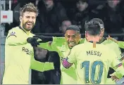  ?? REUTERS ?? Barcelona's Gerard Pique celebrates after scoring their second goal with teammates.