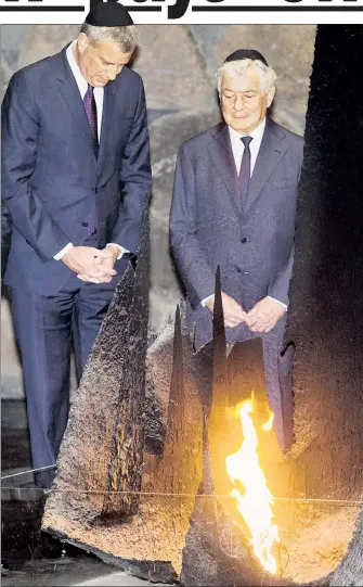  ??  ?? SOLEMN: Mayor de Blasio stands alongside American Jewish Congress chairman Jack Rosen at Yad Vashem Sunday. De Blasio’s trip to Israel coincided with a conference sponsored by Rosen and Alexander Levin (inset left), two of the mayor’s biggest financial...