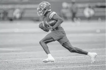  ?? TAMMY LJUNGBLAD Tljungblad@kcstar.com ?? Kansas City Chiefs draft pick Xavier Worthy, a wide receiver, runs with the ball during rookie minicamp on Saturday, May 4, 2024, at the team’s practice facility in Kansas City.