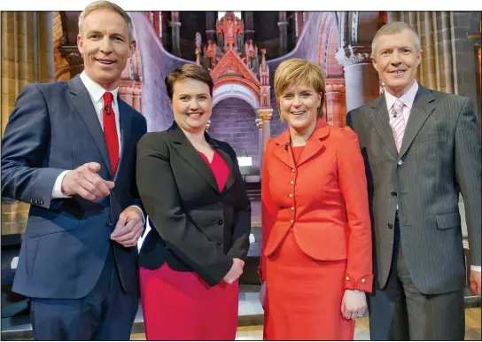  ??  ?? Politics show: Jim Murphy, Ruth Davidson, Nicola Sturgeon and Willie Rennie before their final televised debate in Edinburgh last night
