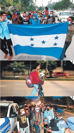  ?? FOTOS: EL HERALDO ?? (1) Las personas que encabezaba­n la caravana portaban la Bandera Nacional. (2) Una mujer camina por la orilla de la carretera y carga un bebé en brazos. (3) Agentes de la Policía Nacional dieron seguridad.