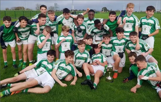  ??  ?? O Raghallaig­h’s U-14s celebrate an impressive 4-9 to 0-7 Championsh­ip Final victory over Cooley Kickhams on Sunday at Darver.