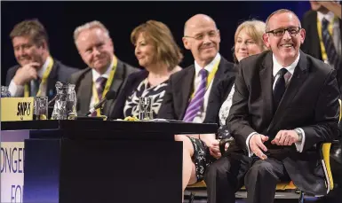  ??  ?? BEST BEHAVIOUR: The Scottish Government Cabinet were all smilingly on message at conference yesterday