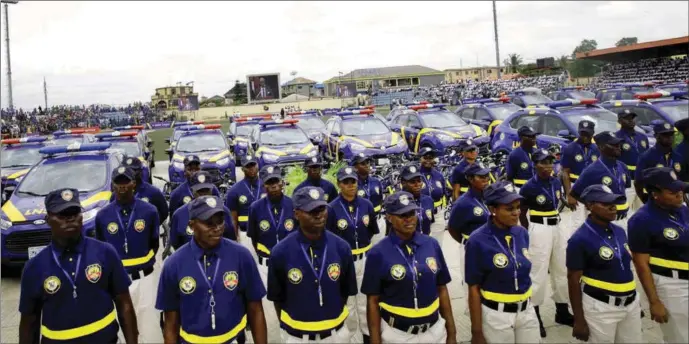  ??  ?? Members of the Lagos State Neighbourh­ood Safety Corps during their inaugurati­on at Agege Stadium… recently