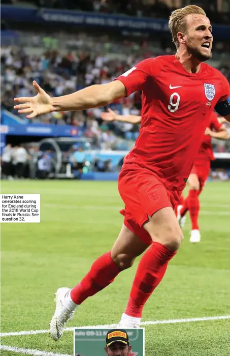  ??  ?? Harry Kane celebrates scoring for England during the 2018 World Cup finals in Russia. See question 32.