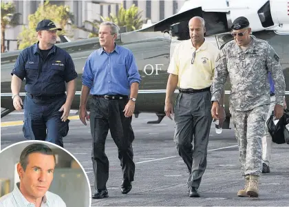  ?? Picture / AP ?? Dennis Quaid, inset, will play former president George Bush, pictured on a visit to the hurricane recovery efforts in 2005.