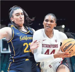  ?? IAN MAULE/AP ?? Stanford forward Kiki Iriafen (44) drives past California forward Claudia Langarita, left, during the second half of Thursday’s game in the quarterfin­al round of the Pac-12 Tournament in Las Vegas.