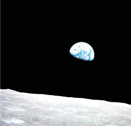  ??  ?? The famous “Earthrise” photo from Apollo 8, the first manned mission to the moon. The crew entered lunar orbit on Christmas Eve 1968. That evening, the astronauts held a live broadcast, showing pictures of the Earth and moon as seen from their spacecraft.