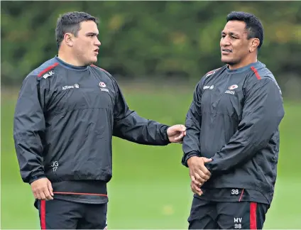  ??  ?? Saracens strength: Jamie George (left) talks to Mako Vunipola during training