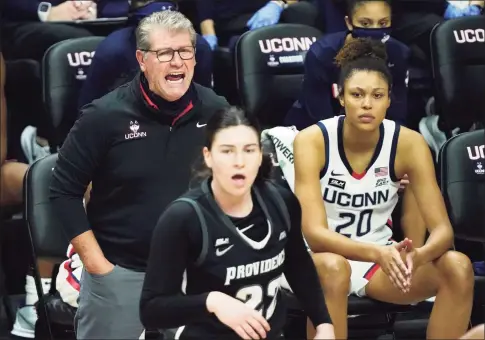  ?? David Butler II / Associated Press ?? UConn coach Geno Auriemma shouts from the sideline during the first half against Providence on Saturday.