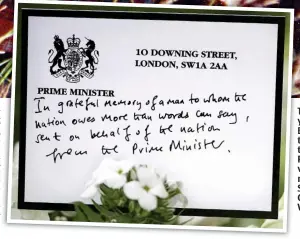  ??  ?? Thank you for your service: Boris Johnson’s tribute to the duke. The PM’s wreath was one of many outside St George’s Chapel at Windsor Castle